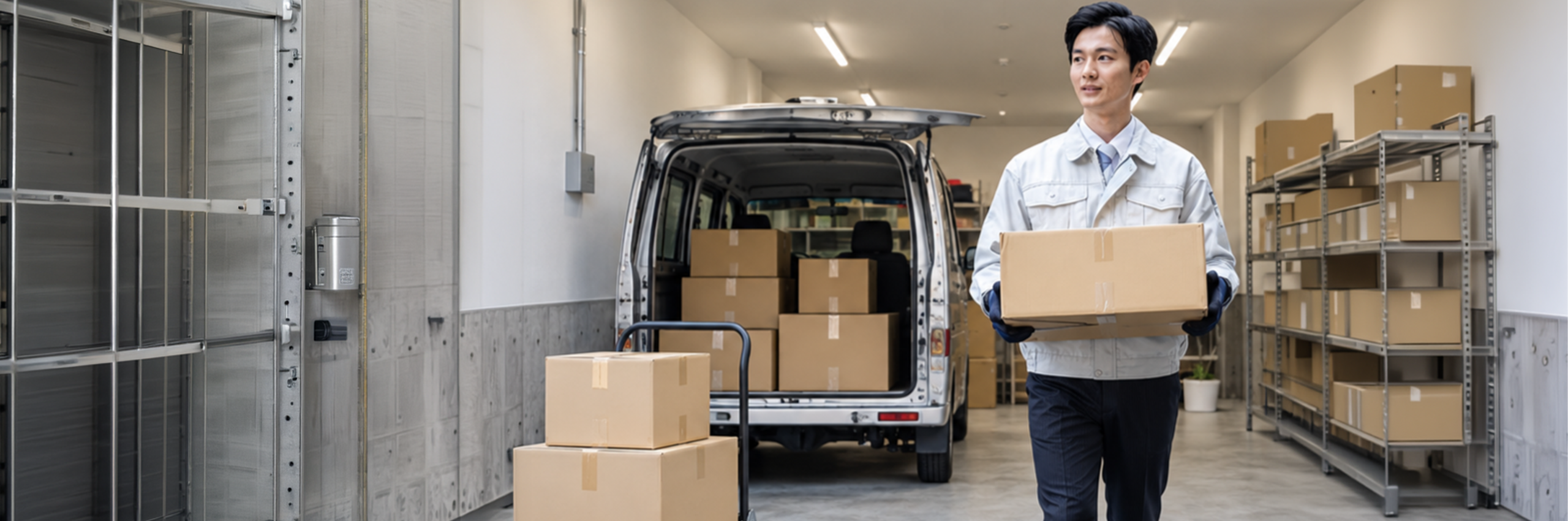 車両と荷物を収容できる屋内ガレージ